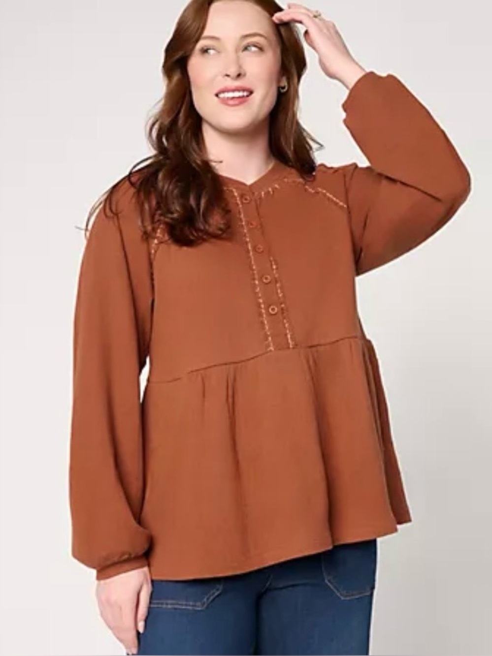 LOGO by Lori Goldstein peplum blanket stitch knit blouse